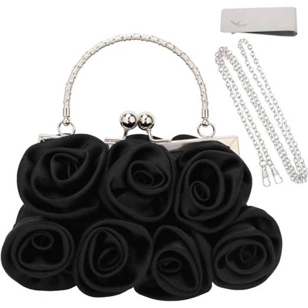 kilofly Missy K 7 Roses Clutch Purse, Satin, with Detachable Strap Money Clip
